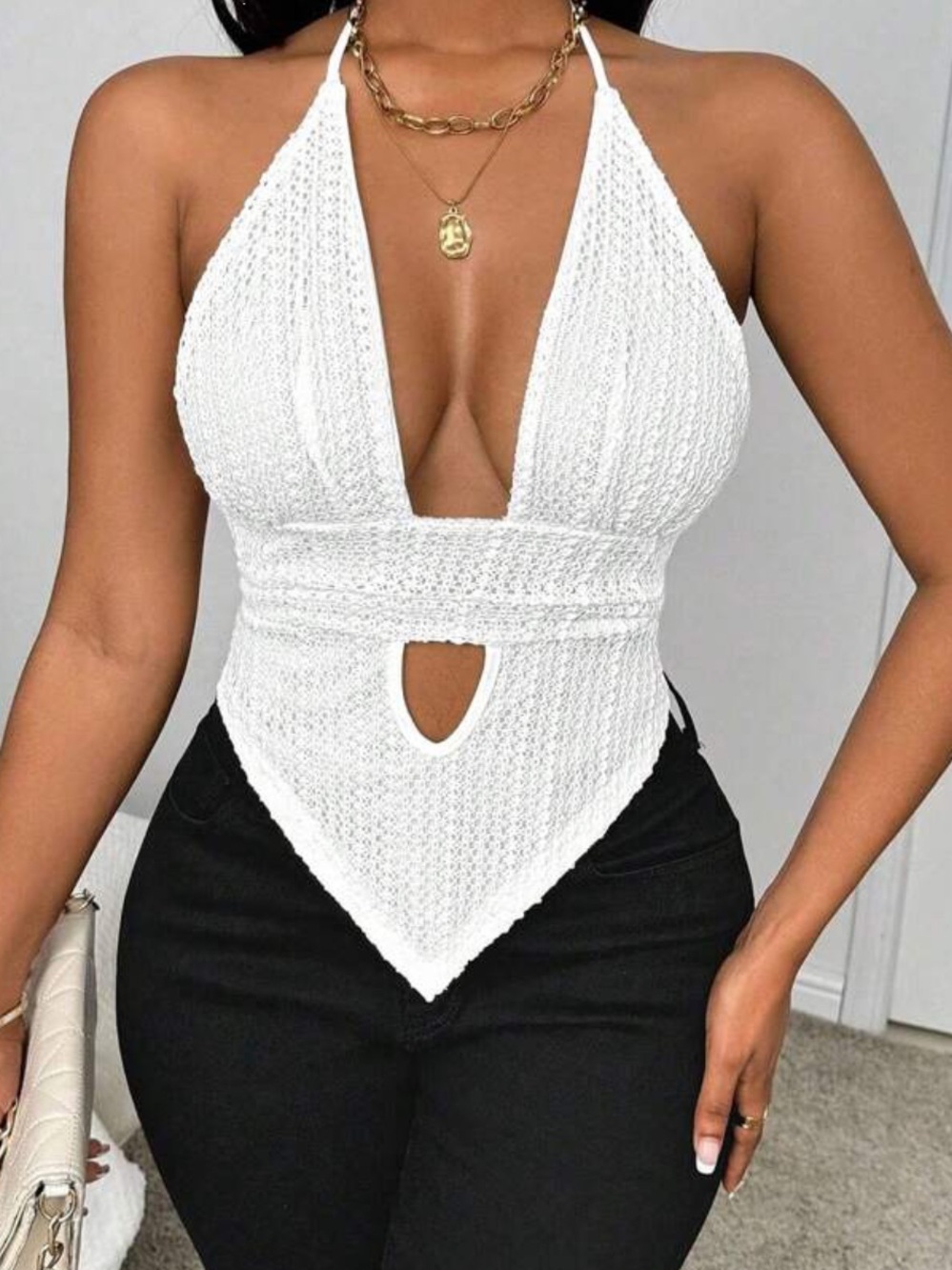 White Halter Knit Pointed-Hem Top